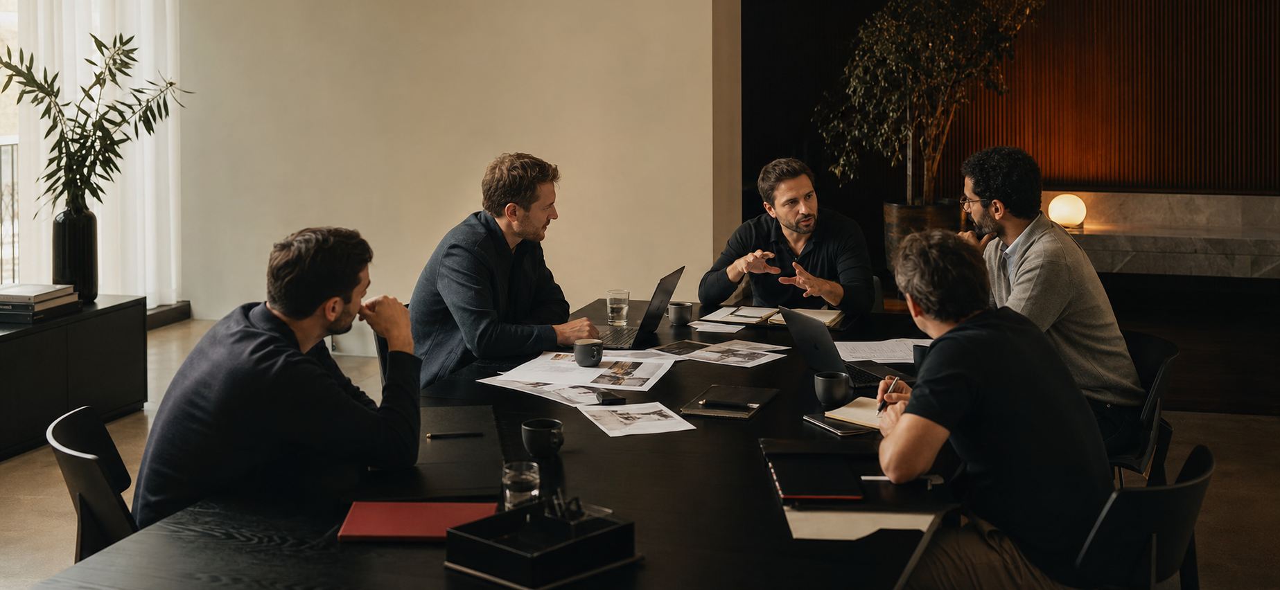 Founders reunidos em volta de uma mesa preta durante uma sessão de board.